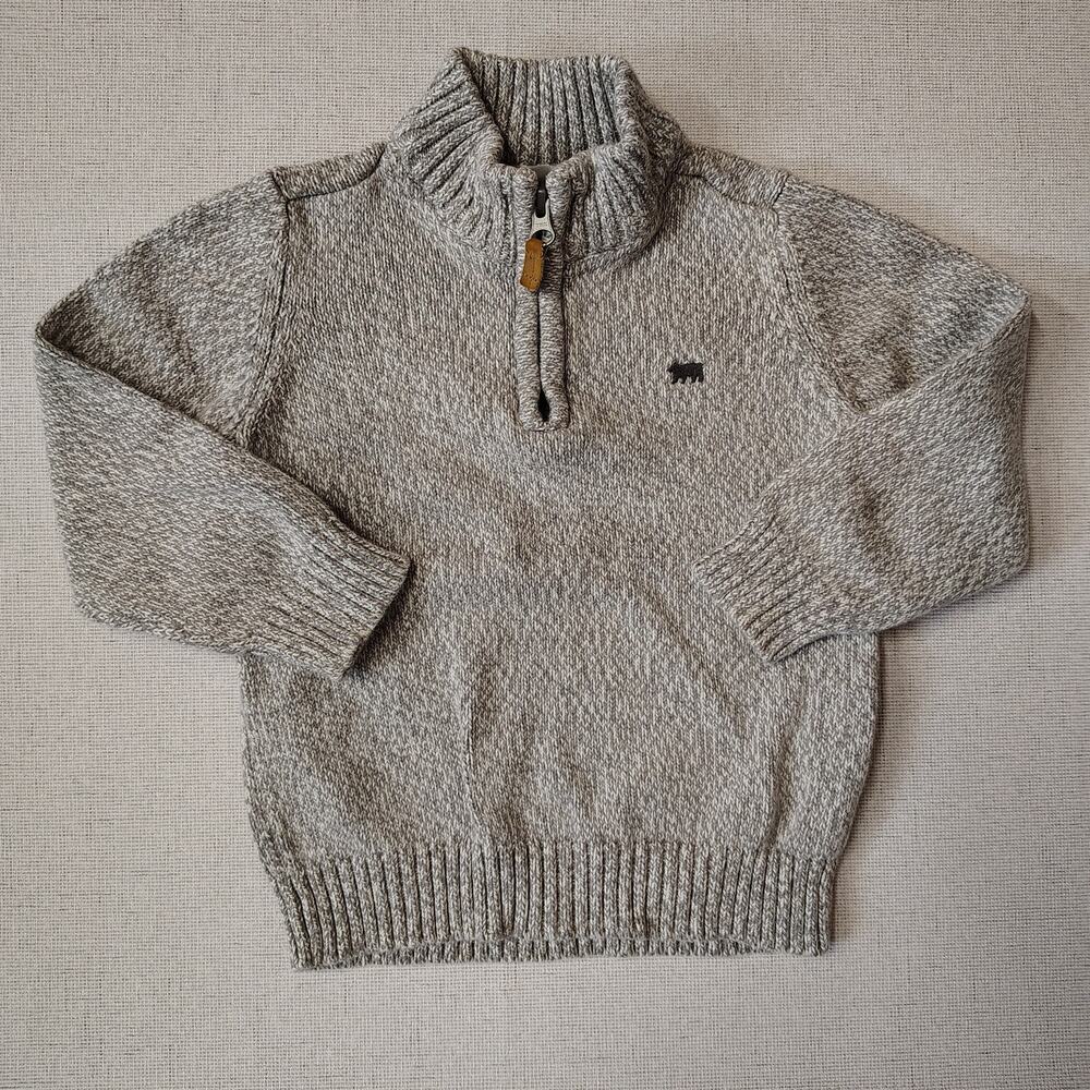 Carter's Boys 3T Gray Marled Knit Quarter Zip Sweater Bear Logo Preppy